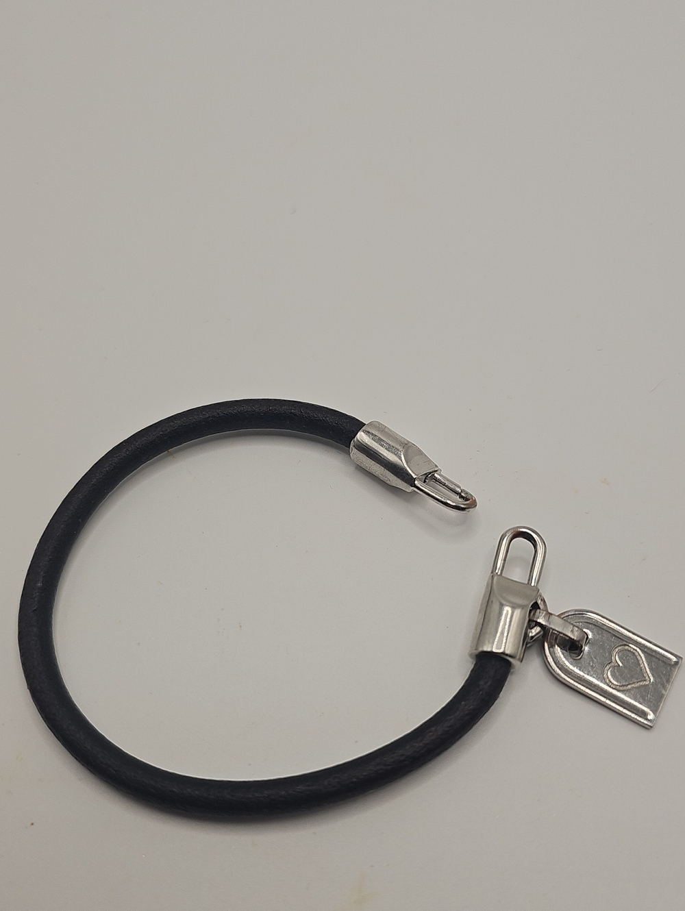 Silver Tone Black Leather Bracelet with Silver Heart Charm Made In ITALY